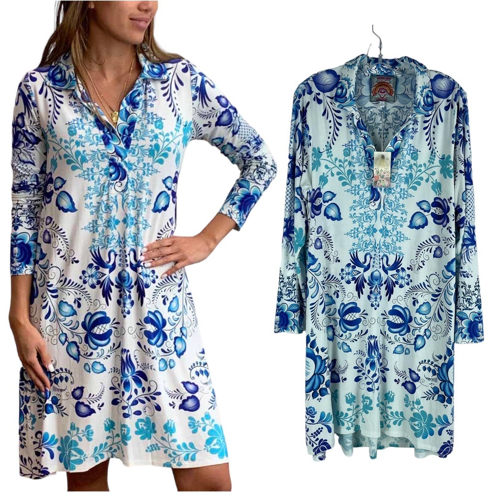 NWT Johnny Was Farrow Swing Polo Dress Botanical Print Blue White Size L